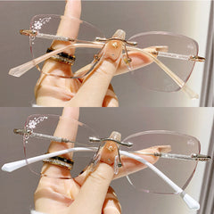 Women Diamond Rimless Blue Light Blocking Reading Glasses Gradient Pink Sunglasses Butterfly Readers