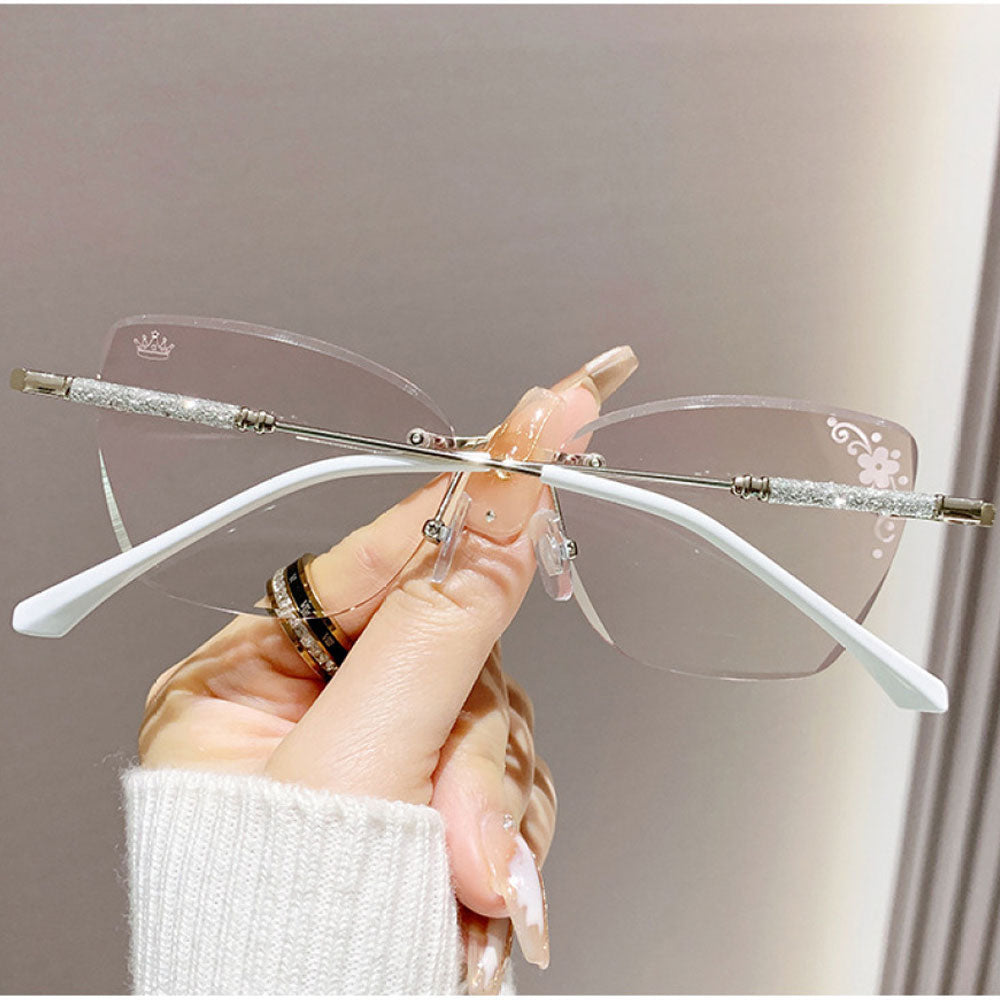 Women Diamond Rimless Blue Light Blocking Reading Glasses Gradient Pink Sunglasses Butterfly Readers