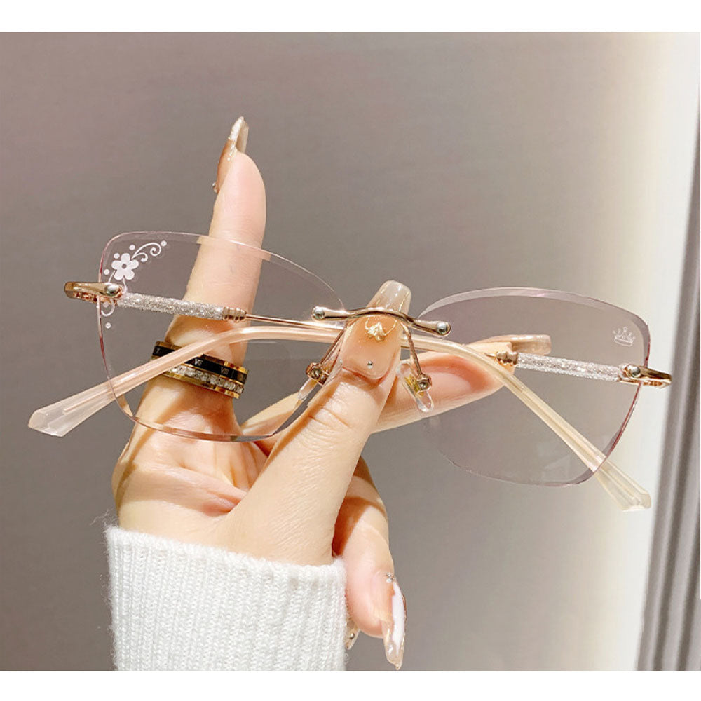 Women Diamond Rimless Blue Light Blocking Reading Glasses Gradient Pink Sunglasses Butterfly Readers